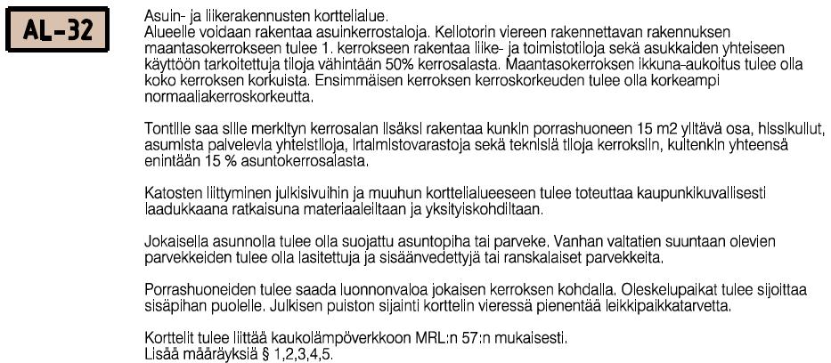 AL-32 kortteli Rakennuksen ominaisuudet Räystäät Rakennuksissa tulee olla riittävät räystäät, jotka ulottuvat seinälinjan yli, mikäli ei ole kyse tasakattoisesta rakennuksesta tai piiloränneistä.