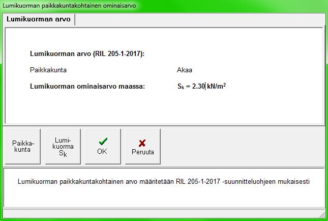 Apuohjelman antama lumikuorma-arvo siirretään lumikuorman määritysikkunaan OK-painikkeella.