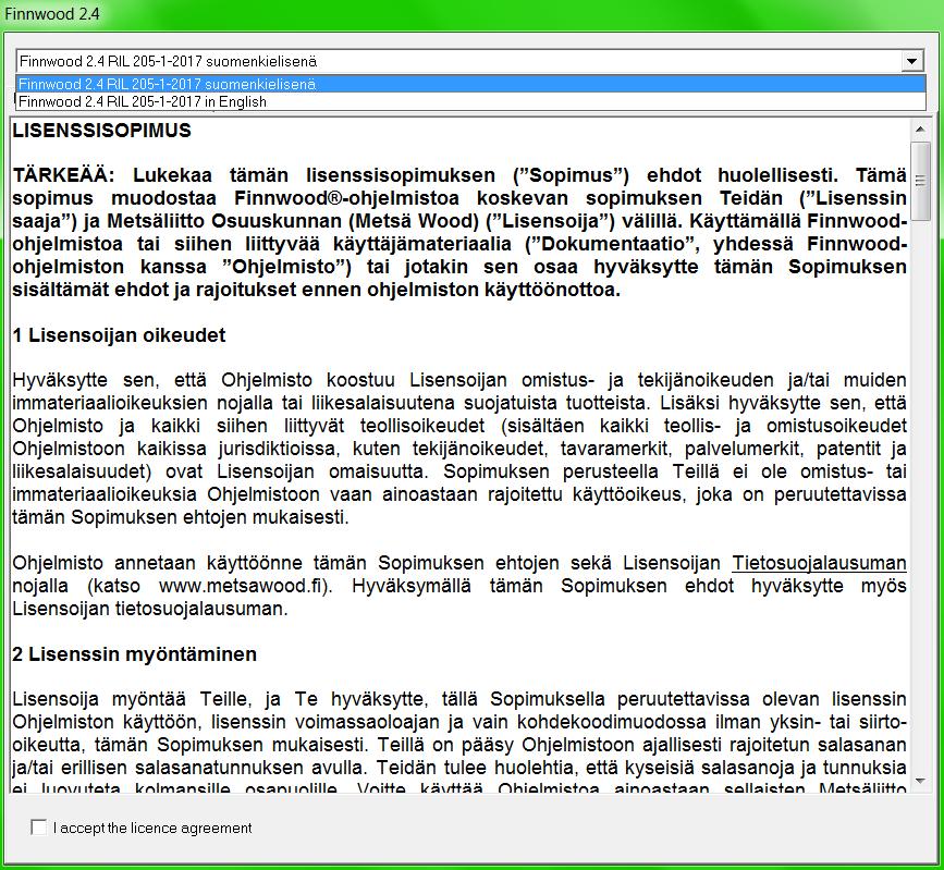 Finnwood-ohjelman käyttökieli (suomi tai englanti) valitaan ohjelman