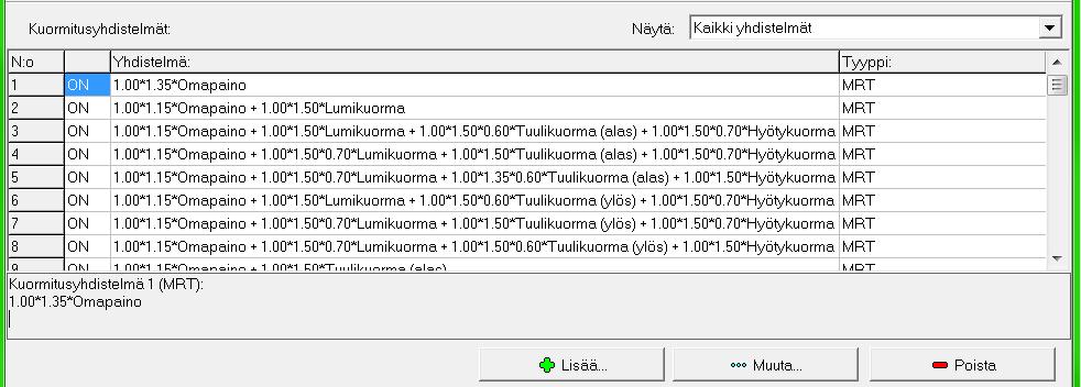 5.6.3 Kuormitusyhdistelmän muokkaus/lisäys Kuormitusyhdistelmän muokkaaminen tai lisääminen on mahdollista vain vapaalla rakenteella (katso tämän ohjekirjan kohta 5.6.1 Vapaan rakenteen Kuormitustapaukset ja kuormitusyhdistelmät ikkuna).