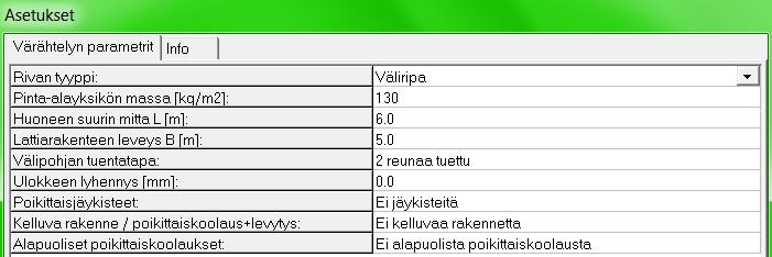 Alla on esitetty suorakaidepoikkileikkausten värähtelylaskennan Asetukset-ikkuna, joka avautuu Värähtelytarkasteluotsikon viereisellä -painikkeella.