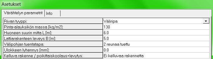 Suorakaidepoikkileikkaukset Värähtelytarkastelun Asetukset-ikkuna on erilainen Kerto-Ripa ripalaatoilla, kotelolaatoilla ja avokotelolaatoilla seuraavasti: - Yläpuolinen lattialevy - ja