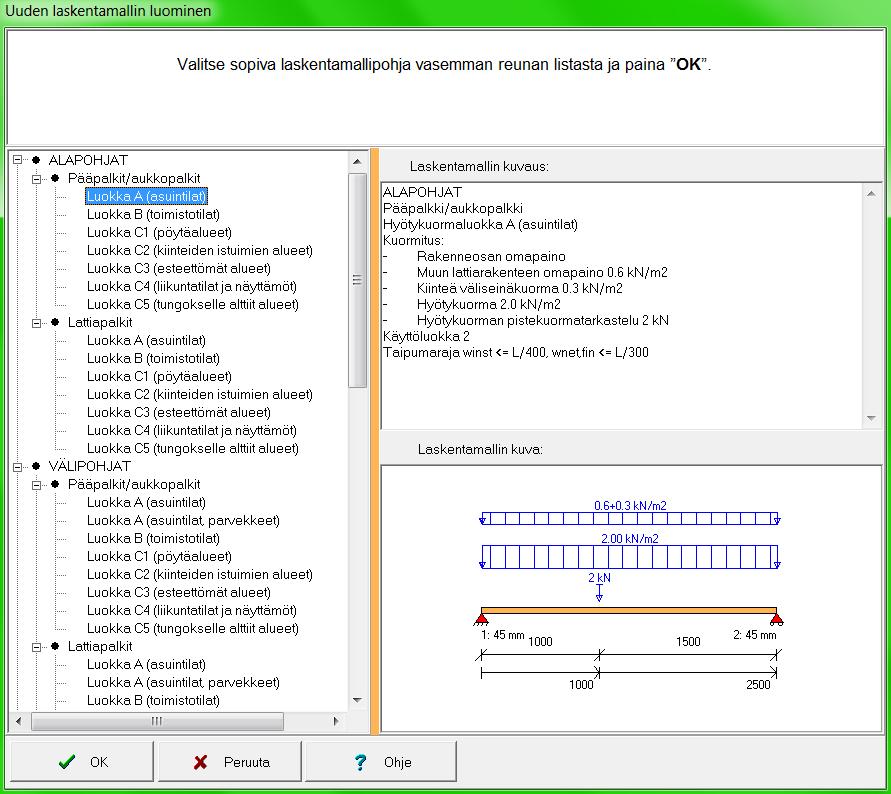 Valitun laskentamallin kuvaus ja kuva rakenteesta näkyvät Uuden laskentamallin luominen ikkunan oikeassa reunassa.
