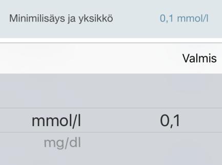 3.3.1.1 Minimilisäys ja yksikkö Napauta kohtaa Minimilisäys ja yksikkö. 1. Valitse yksikkö pyyhkäisemällä. Minimilisäys on 0,1 tai 1 yksiköstä riippuen, eikä sitä voi muuttaa. 2.