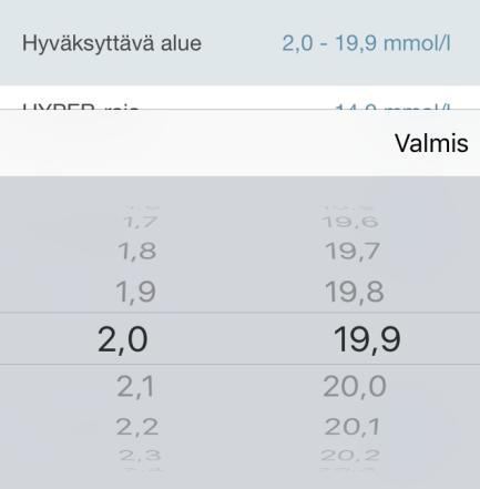 2 Hyväksyttävä alue Napauta kohtaa Hyväksyttävä alue asettaaksesi alueen raja-arvot. 1. Aseta alueen alaraja (vasen) ja yläraja (oikea) pyyhkäisemällä. 2.
