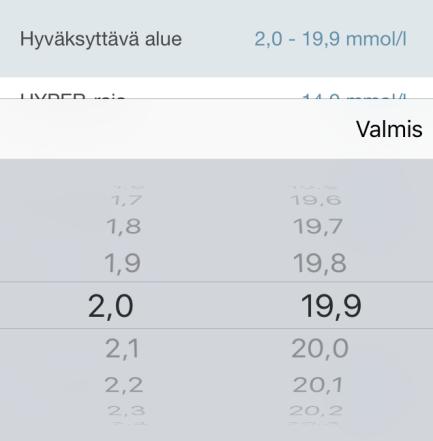 2 Hyväksyttävä alue Napauta kohtaa Hyväksyttävä alue asettaaksesi alueen raja-arvot. 1. Aseta alueen alaraja (vasen) ja yläraja (oikea) pyyhkäisemällä. 2.