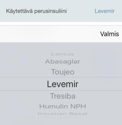 Taulukko 3: Perusinsuliinin asetukset Asetus: Kuvaus: Yksikkö: Alaraja/ Mahdollinen alue: Yläraja: Muut ehdot: Käytettävä perusinsuliini Määrittelee käytössäsi olevan perusinsuliinin.