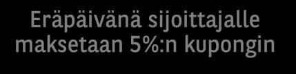 Ennenaikaisen erääntymisen taso Taso Taso Kuponki- ja riskitaso Eräpäivänä sijoittajalle maksetaan kumulatiivisen 60%:n kupongin 5% 5% 5% 5% 1 2 3 4 120% 12% 115% 60% Ennenaikainen erääntyminen