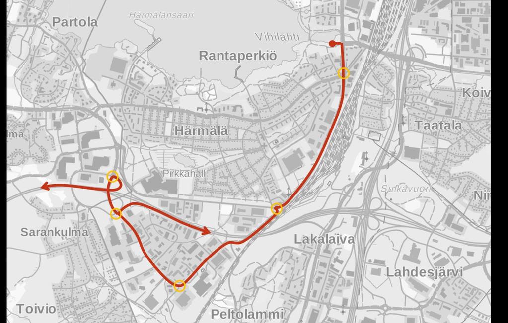 Kuva 14 Työmaakuljetusreitti Vihilahdesta valtatielle 3. 3.1.2 Työmaaliikenteen liittymä Työmaaliittymän osalta työn aikana tutkittiin useita vaihtoehtoisia ratkaisuja, mm.