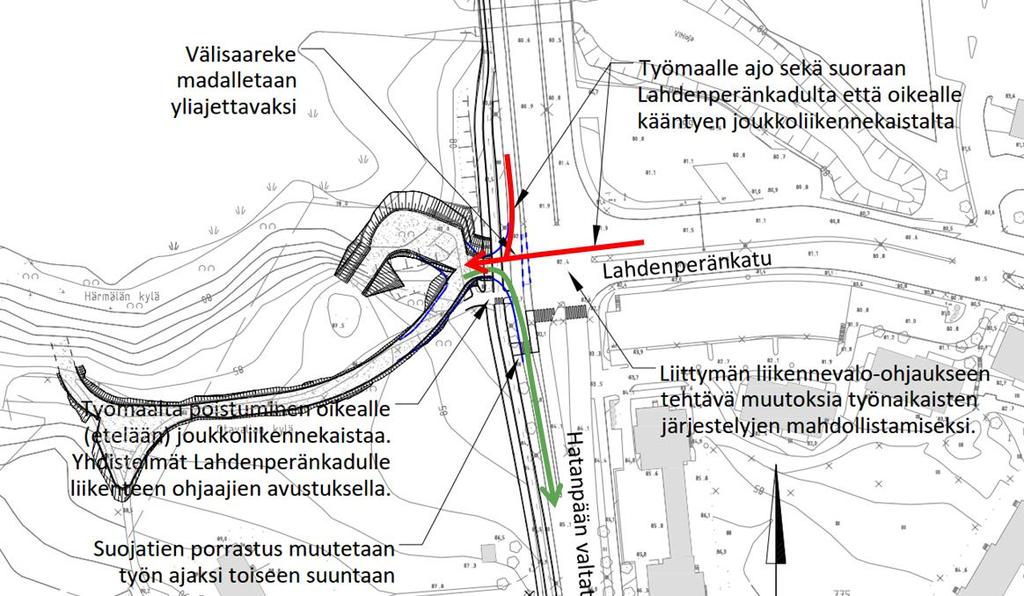 Joukkoliikennekaistan muusta autoliikenteestä erottava välikaista on madallettava liittymän kohdalla yliajon helpottamiseksi.