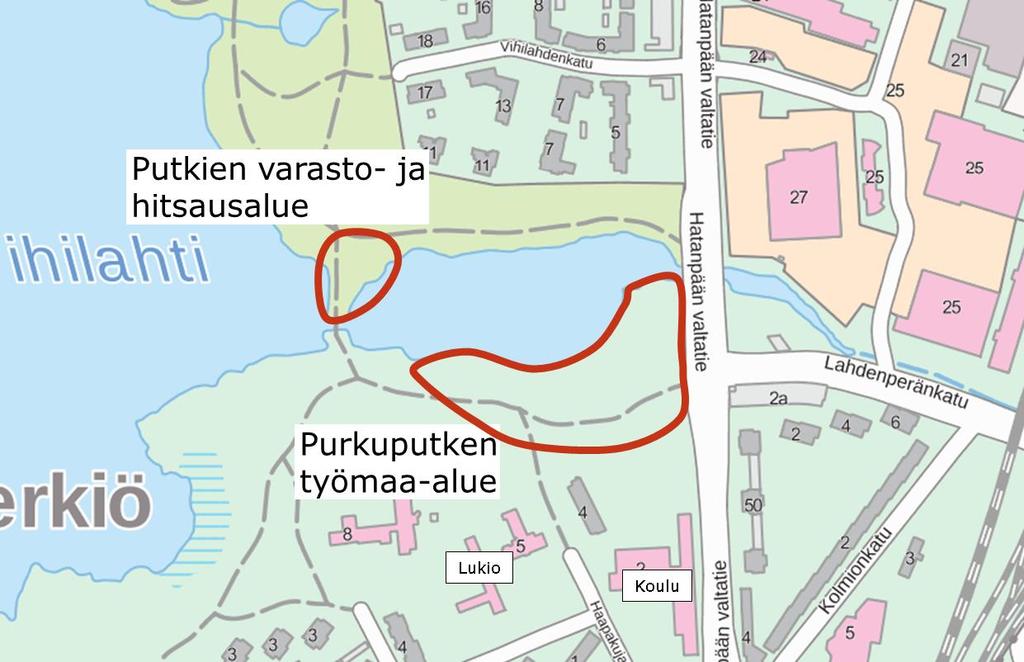 1.2 Työmaan kuvaus Vihilahden purkuputken rakennustyömaa sijoittuu kaava-alueen itäosaan, Hatanpään valtatien ja Lahdenperänkadun liittymän tuntumaan (kuva 2).