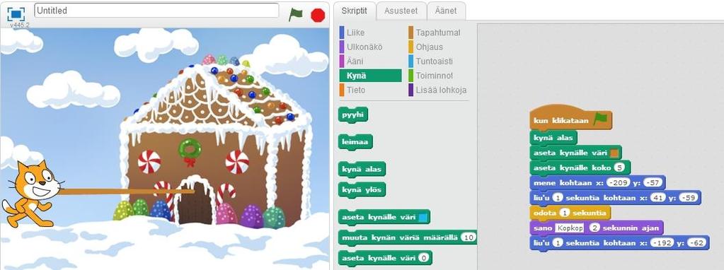 Piirtäminen Scratchissa voi piirtää esimerkiksi niin, että kynä seuraa kissaa. Siispä kissan liikkeillä voi piirtää erilaisia kuvioita.