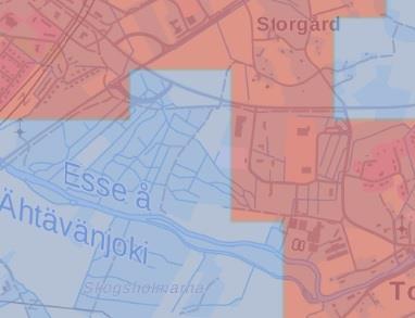 1-9 Kuva 5. Kuva esittää yhdyskuntarakennetta. Punainen väri: Taajama-alueet, Sininen väri: Maaseutuasutus/haja-asutus. SYKE/YKR MML, Esri Finland.
