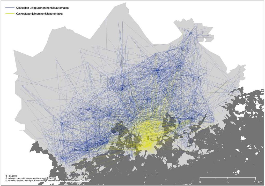 Kuva 12. Joukkoliikenteen liikkumiskuvioita pääkaupunkiseudulla. Matkan suuntaa ei ole määritelty (HSL 2008, n = 3946).