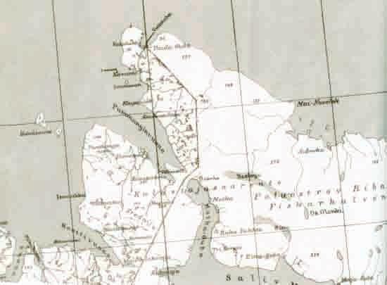 schiereiland (Kalastajasaarento), dat in 1940 door de Sovjet-Unie werd geannexeerd, en links (rood) het Jäniskoski gebied (bij Nautsi), dat Finland in 1947 aan de Sovjet-Unie moest verkopen. Petsamo.