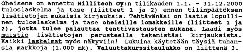 2000 tuloslaskelma ja tase (liitteet 1 ja 2) ennen tilinpaatoksen lisatietojen mukaisia kirjauksia.