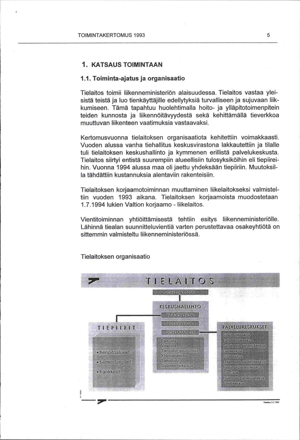 TOIMINTAKERTOMUS 1993 5 1. KATSAUS TOIMINTAAN 1.1. Toiminta-ajatus ja organisaatio Tielaitos toimii liikenneministeriön alaisuudessa.