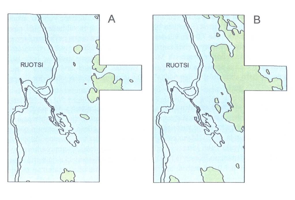 Kuva 2. Maankohoaminen ja sen vaikutus kartta-alueen maisemaan muinaisen Itämeren eri kehitysvaiheissa.