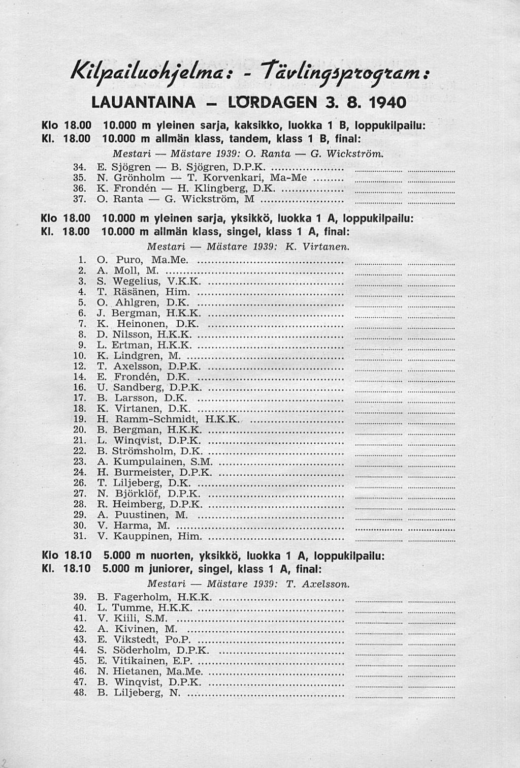 G. T. LORDAGEN TcivlingiptOGtam G. Xl. Xl. Kilpailuohjelma: LAUANTAINA : 3. 8. 1940 18.00 10.000 m yleinen sarja, kaksikko, luokka 1 B, loppukilpailu: 18.00 10.000 m allmän klass, tandem, klass 1 B, final: Mestari 1939: O.