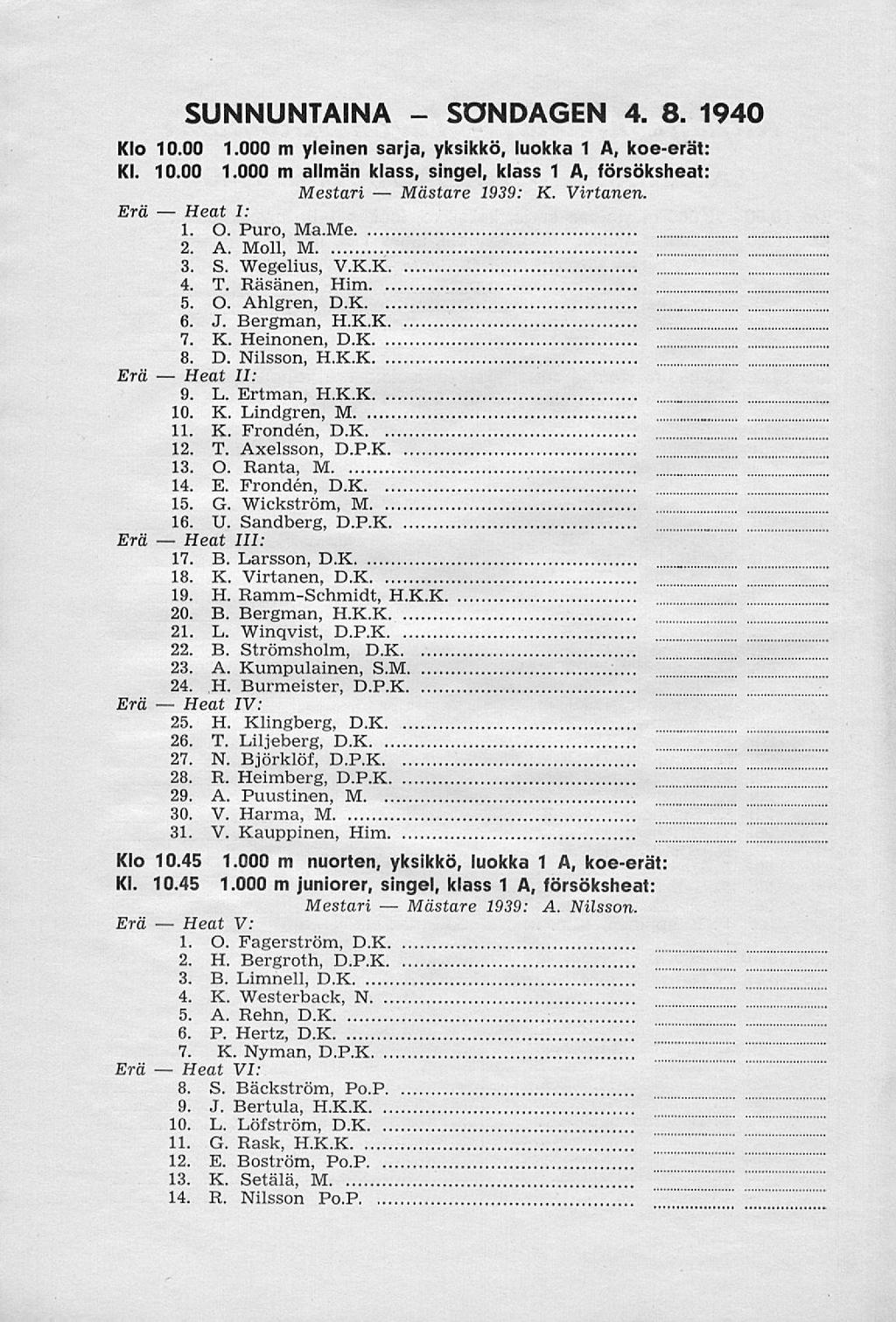 Heat Heat Heat Heat Heat Heat SONDAGEN SUNNUNTAINA 4. 8. 1940.... 10.00 1.000 m yleinen sarja, yksikkö, luokka 1 A, koeerät: Xl. 10.00 1.000 m allmän klass, singel, klass 1 A, försöksheat: Mestari 1939: K.