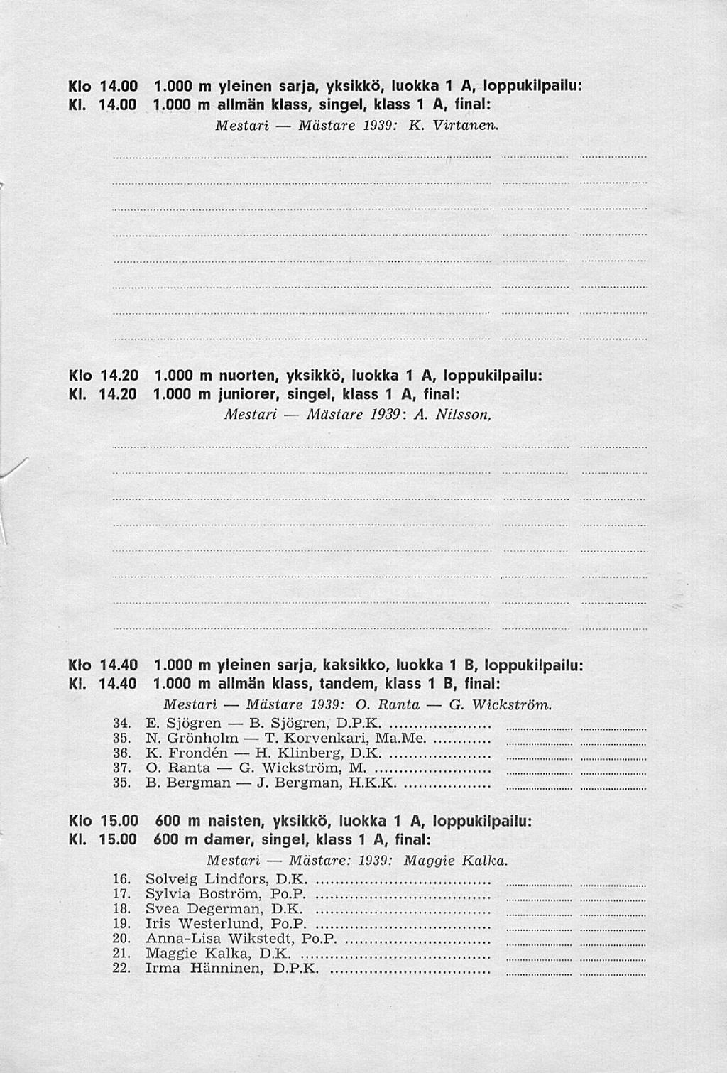 : G. Kl 14.00 1.000 m yleinen sarja, yksikkö, luokka 1 A, loppukilpailu 14.00 1.000 m allmän klass, singel, klass 1 A, final: Mestari 1939: K. Virtanen. Kl. 14.20 1.