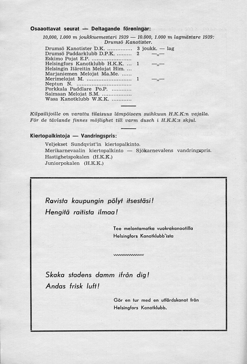 Deltagande Sjökarnevalens 10.000, Osaaottavat seurat föreningar: 10,000, 1.000 m joukkuemestari 1939 1.000 m lagmästare 1939 Drumsö Kanotister. Drumsö Kanotister D.K 3 joukk. lag Drumsö Paddarklubb D.