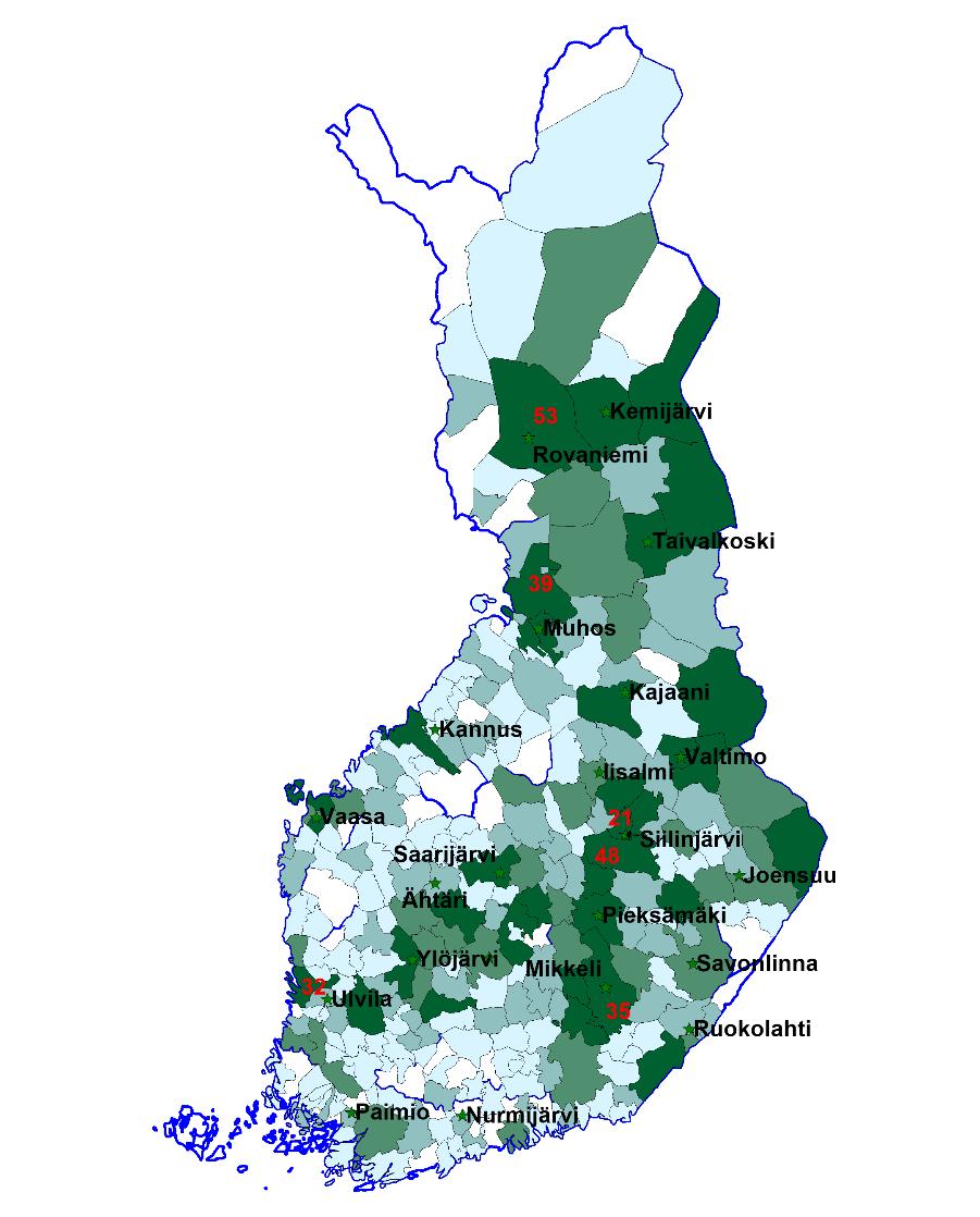 Kuljettajaopiskelijaksi hakeutuneiden määrä kunnittain Metsäkoneenkuljettaja