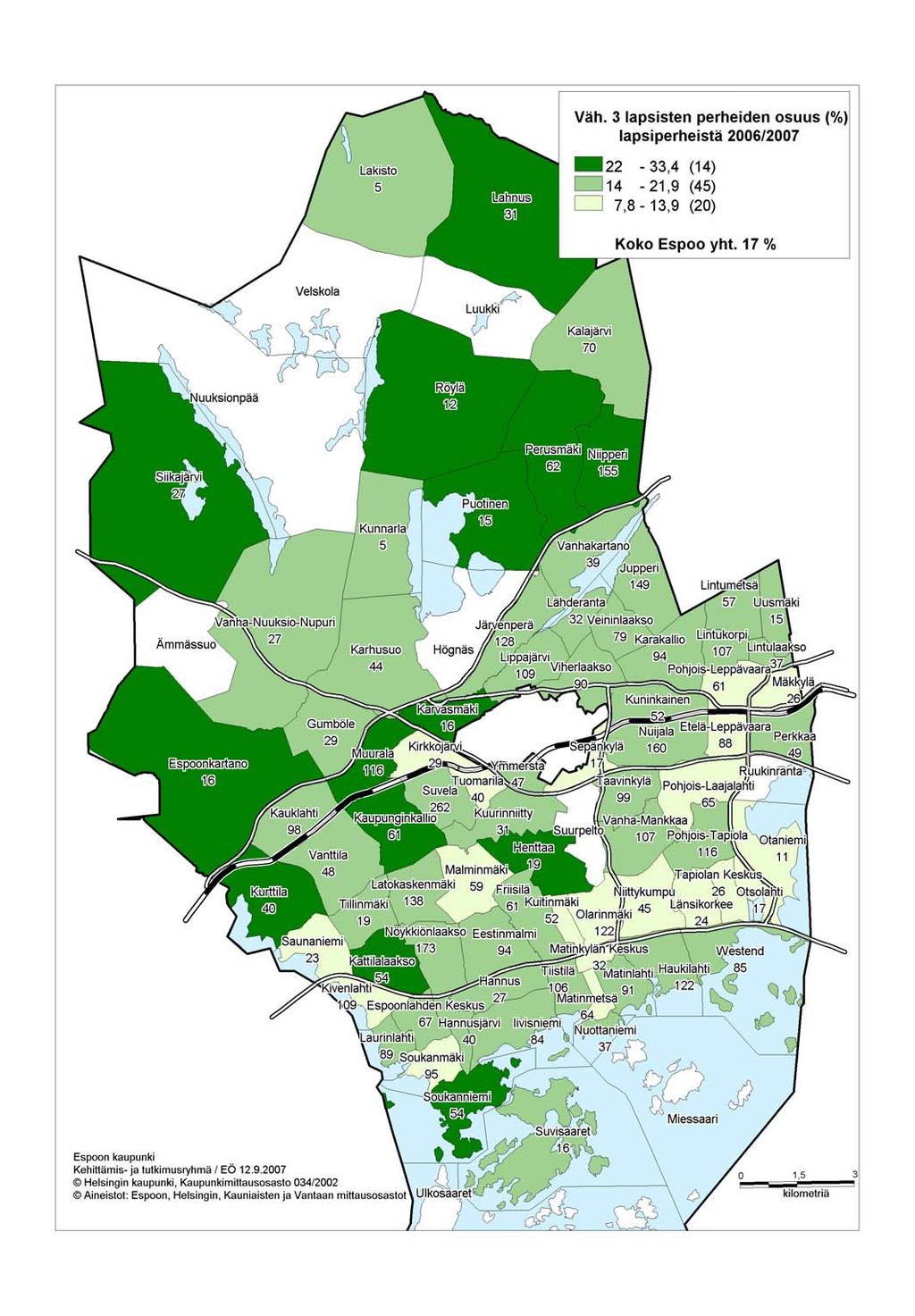 Kuva 2. Vähintään 3 lapsisten perheiden osuus lapsiperheistä vuodenvaihteessa 2006/07. (Karttaan merkitty Espoon tilastolliset pienalueet ja väh.