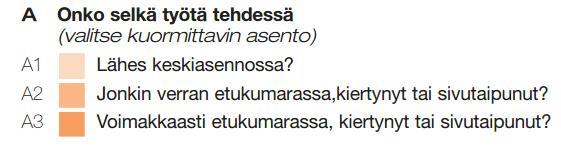 Selän asento (A1-A3) Arviointi tehdään siitä tilanteesta, jossa selkä on voimakkaimmin kuormittuneena.