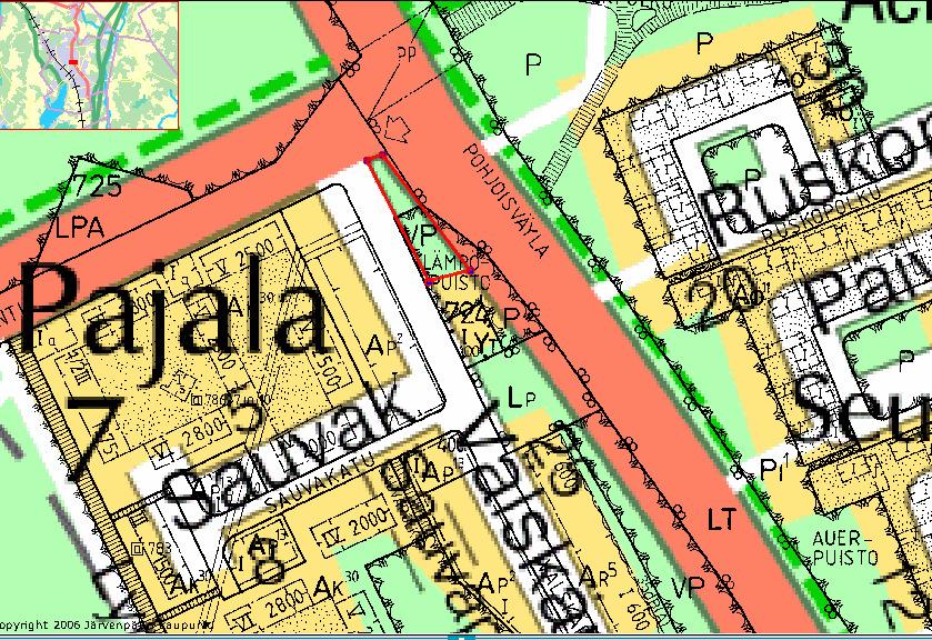 43 Pajala Lämpöpuiston alueelle mahtuisi noin 900 m 2 :n kokoinen pysäköintialue. Rakentamattomalle LPA- alueelle mahtuisi noin 1900 m 2 :n pysäköintialue.