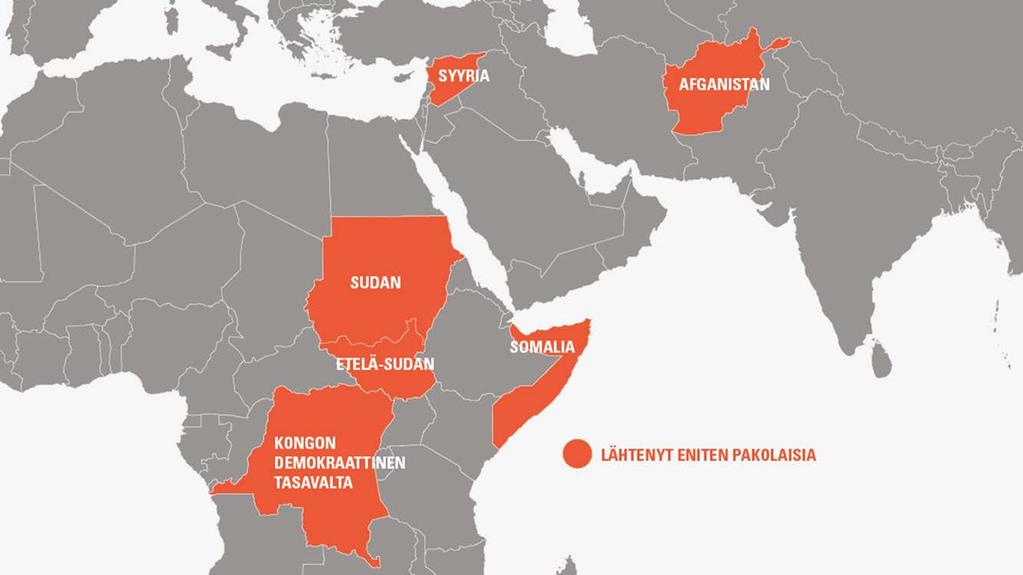 Pakolaisten lähtömaat: Syyria (5,5 miljoonaa), Afganistan (2,5 miljoonaa), Etelä-Sudan (1,4 miljoonaa),