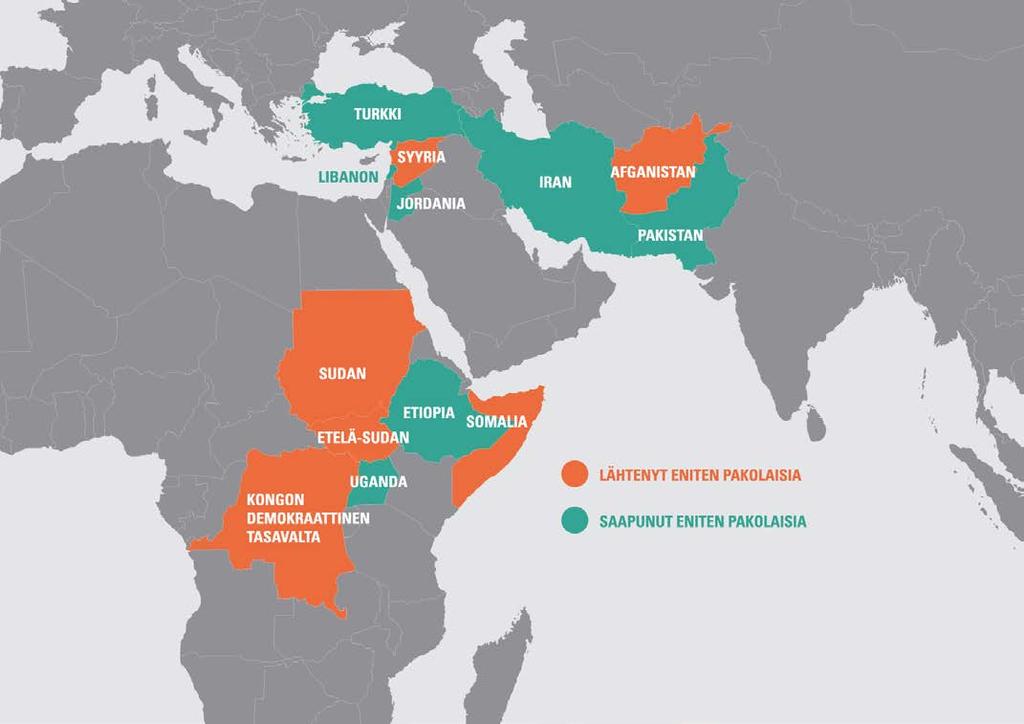 Pakolaisten vastaanottomaat: Turkki (2,9 miljoonaa), Pakistan (1,4 miljoonaa), Libanon (1,0 miljoonaa),