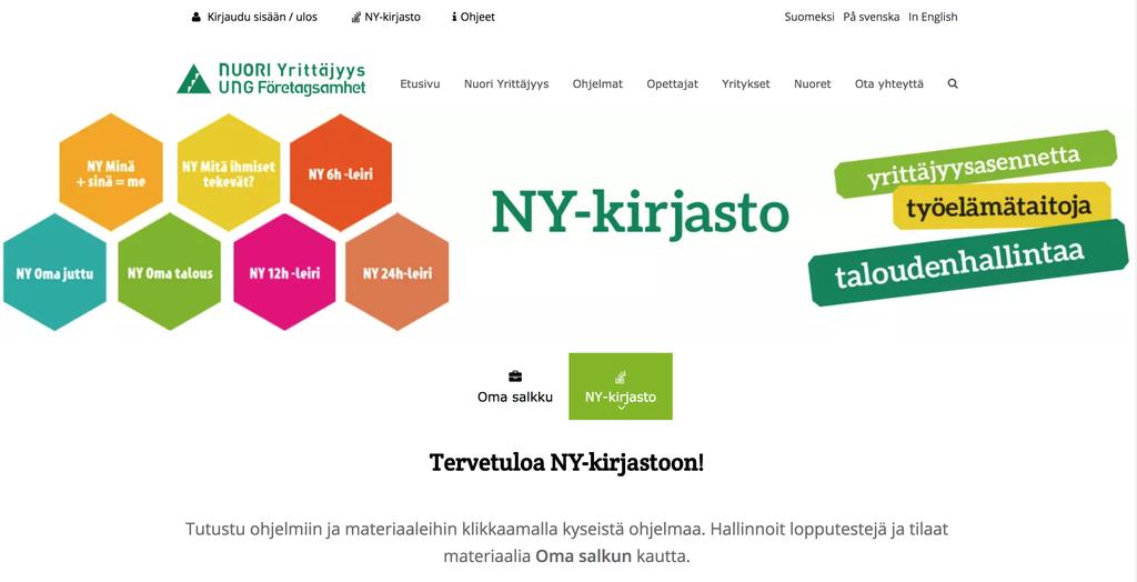 Sivun ylälaidasta löydät aina linkit ohjeisiin sekä NY-kirjastoon. Kirjaudu ulos sivustolta. NY-kirjasto Ohjelmia yrittäjyysasenteen, työelämätaitojen ja taloudenhallinnan opetukseen.