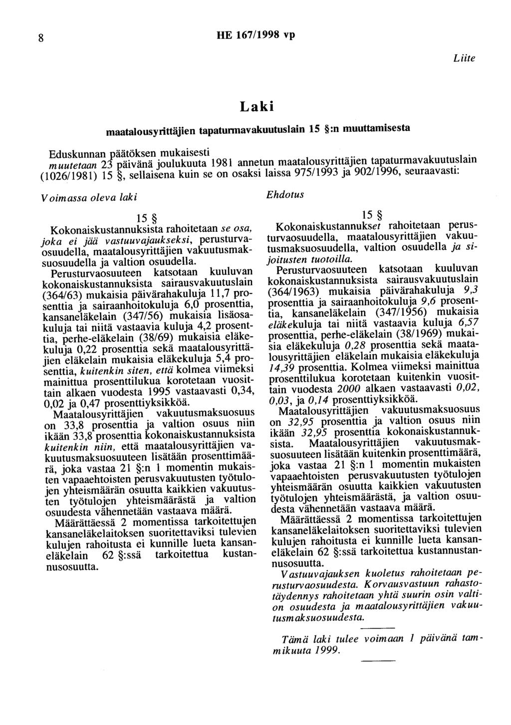 8 HE 167/1998 vp Liite Laki maatalousyrittäjien tapaturmavakuutuslain 15 :n muuttamisesta Eduskunnan päätöksen mukaisesti muutetaan 23 päivänä joulukuuta 1981 annetun maatalousyrittäjien