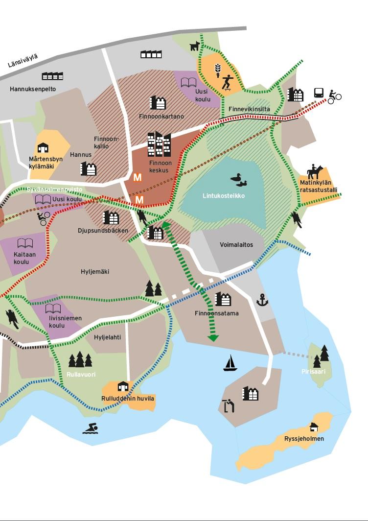 Finnoon tavoitteet korkealla Finnoon asuntorakentaminen alkaa Djupsundsbäckenin asemakaava-alueelta 2018 Tulevan metroaseman kupeeseen sijoittuvasta Djupsundsbäckenistä luodaan energiatehokas ja