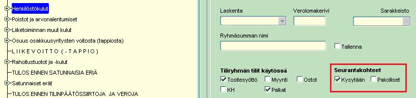 Lisäksi tilikartassa valitaan Seurantakohde: Kysytään niille tilikartan palkkoihin liittyville