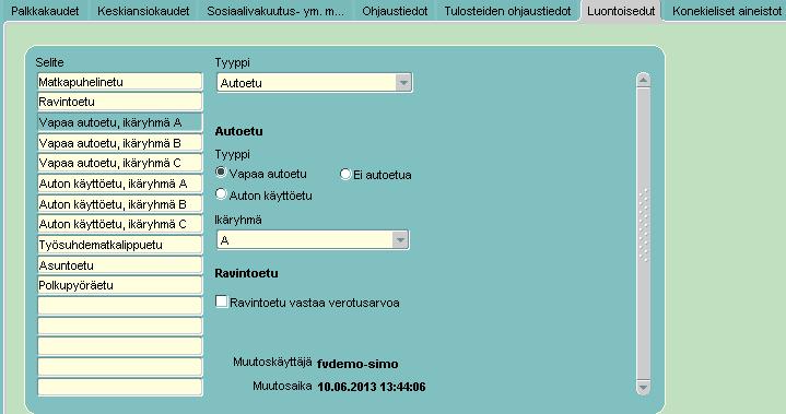 5.6 Luontoisedut Kaikki yrityksen palkansaajille maksettavat luontoisedut on perustettava, jotta luontoisedut saadaan verottajan vuosi-ilmoituksille.