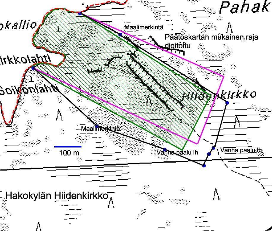 Ongelmia suojelualueiden rajauksissa Kainuu, Hakokylän Hiidenkirkko 1973 (105-403-11-3) Päätöskartan