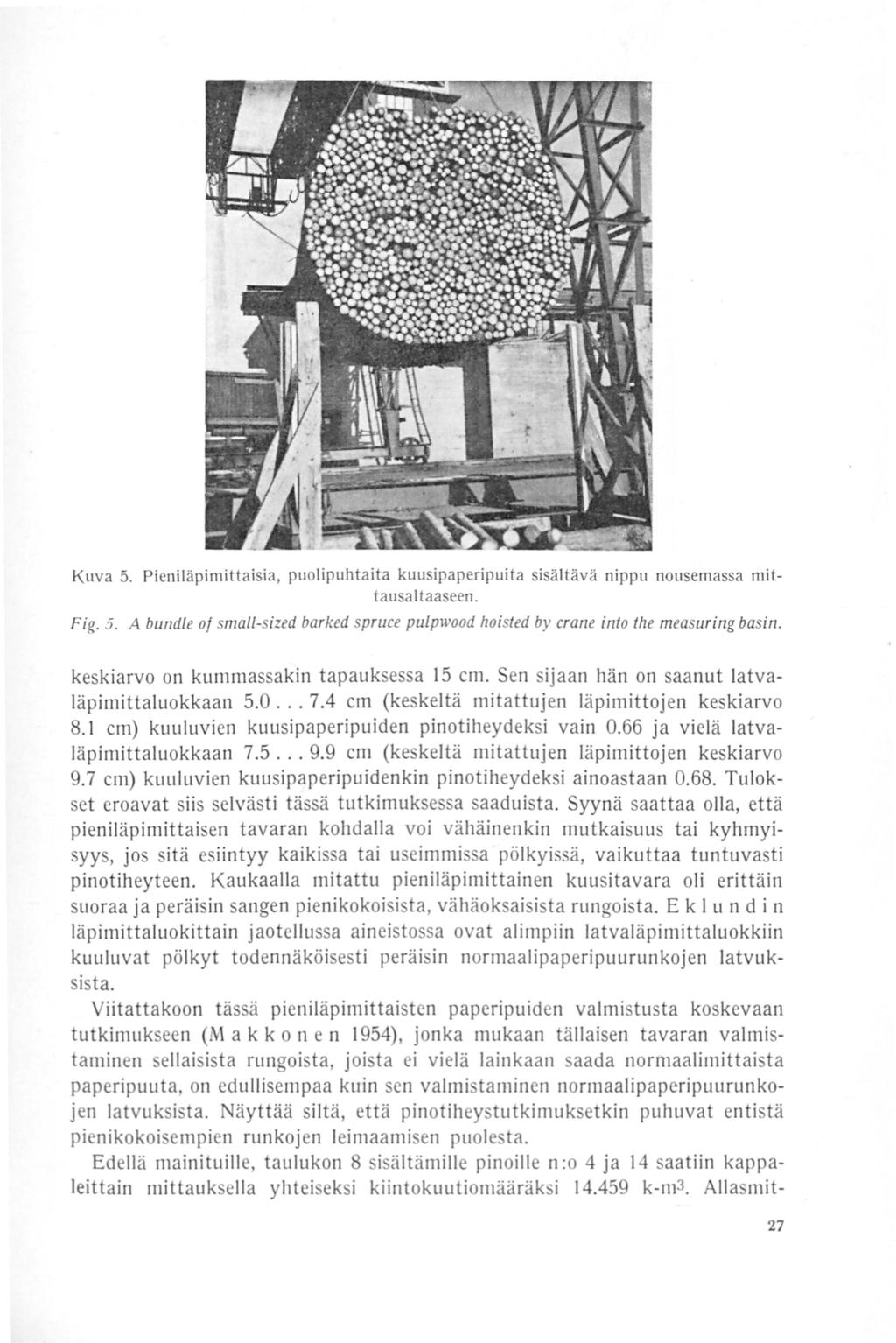 Kuva 5. Pieniläpimittaisia, puolipuhtaita kuusipaperipuita sisältävä nippu nousemassa rnittausaltaaseen. Fig. 5. A bundle of small-sized barked spruce pulpwood hoisted by crane into the measuring basin.