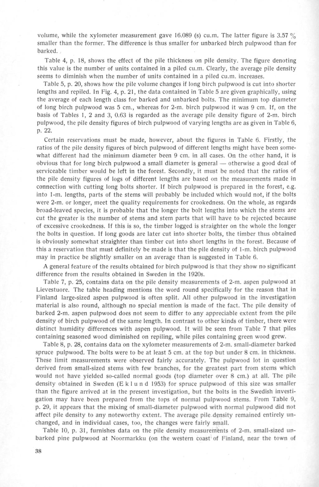 volume, while the xylometer measurement gave 6.089 (s) cu.m. The latter figure is 3.57% smaller than the former. The difference is thus smaller for unbarked birch pulpwood than for barked. Table 4, p.