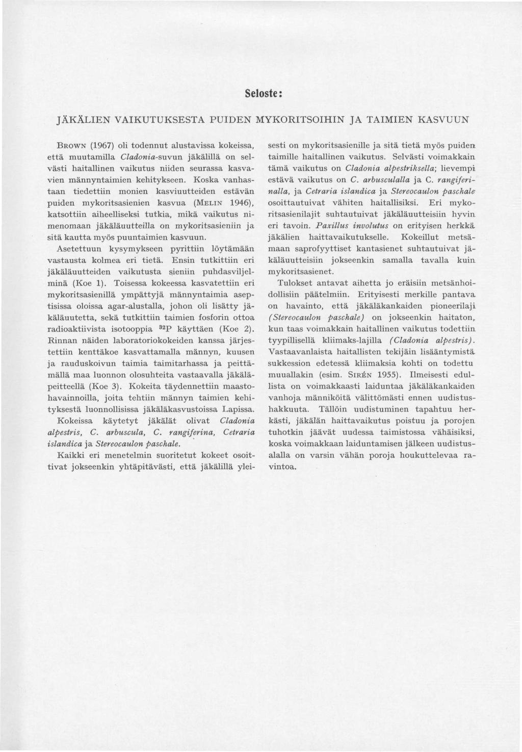 Seloste: JÄKÄLIEN VAIKUTUKSESTA PUIDEN MYKORITSOIHIN JA TAIMIEN KASVUUN BROWN (1967) oli todennut alustavissa kokeissa, että muutamilla Cladonia-suvun jäkälillä on selvästi haitallinen vaikutus