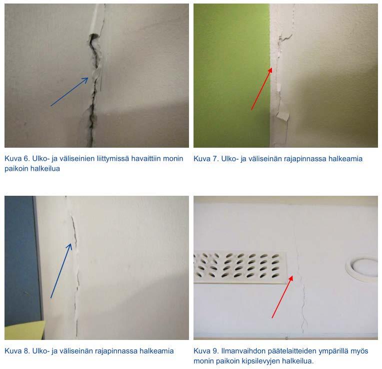 Aistinvaraiset tarkastelut Ulko- ja väliseinissä havaittiin paikoitellen levytyksien halkeilua Suositellaan halkeamien