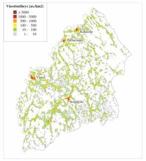 Kuva 6. Länsi-Suomen ympäristökeskuksen alueen asukastiheys 1x1 km:n ruuduissa. 4.2.