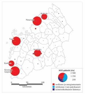 Kuva 11. Länsi-Suomen ympäristökeskuksen alueen rikkidioksidipäästöt kunnittain.