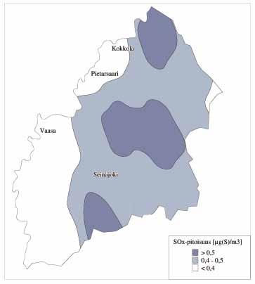 Kuva 22. Rikkidioksidipitoisuuden vuosikeskiarvo vuonna 2002 Ilmatieteen laitoksen HI- LATAR-mallin tulosten mukaan (Hongisto 2004).