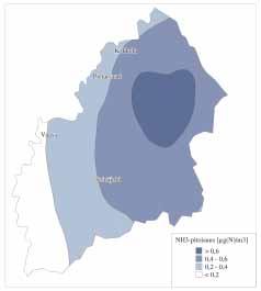 Kuva 46. Ammoniumtyppilaskeuma vuonna 2002 Ilmatieteen laitoksen HILATAR-mallin tulosten mukaan (Hongisto 2004). 5.