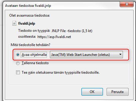 2 Java Web Startin aktivointi 2.1 Kytkeminen päälle Fivaldista ja sovellusikkunan avaaminen Käyttäjän tulee aktivoida Web Start käyttöön Fivaldin omista asetuksista. 1.