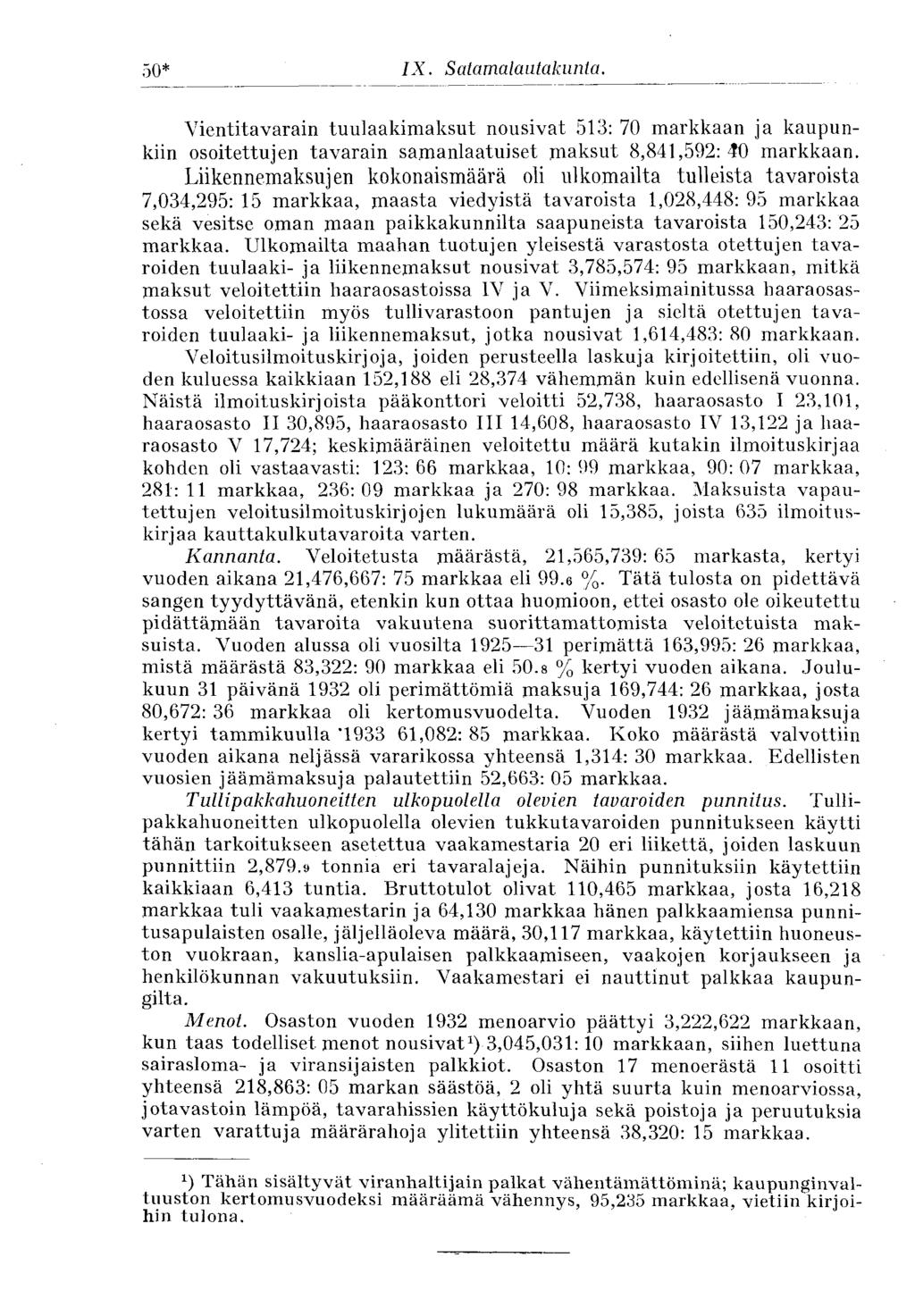 50* IX. Satamalautakunta. Vientitavarain tuulaakimaksut nousivat 513: 70 markkaan ja kaupunkiin osoitettujen tavarain samanlaatuiset maksut 8,841,592: 40 markkaan.