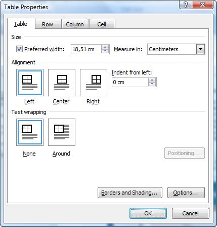 Valintataulussa voi määrittää Preferred width: taulukon leveys Taulukon tasaus vasempaan, keskelle tai oikeaan reunaan: Alignment (Tasaus) Taulukon sisentäminen Indent from left (Sisennys) Taulukon