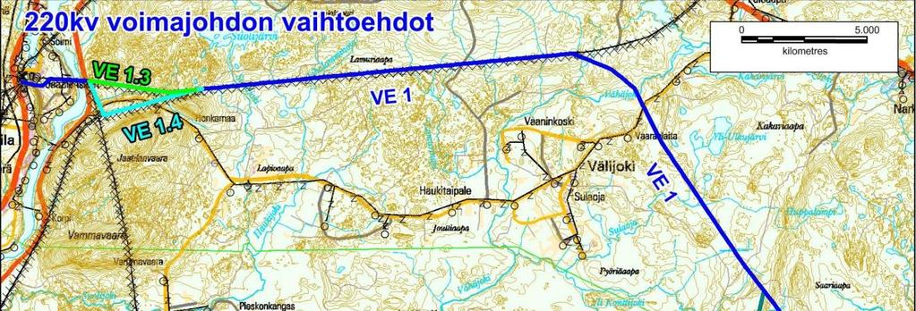 Kuva 4. Suunnitellun voimajohtolinjauksen YVA:ssa arvioitavat vaihtoehdot kaivokselta Petäjäskoskelle, jossa se yhdistyisi valtakunnanverkkoon. 3.